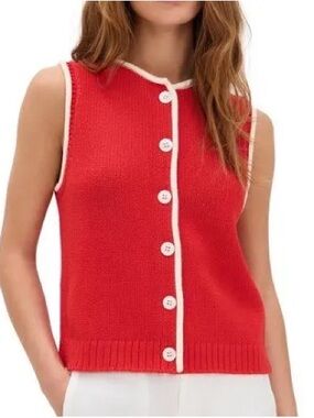 Alex Mill Red Bridget Sleeveless Button-Front Knit Vest with Cream Trim